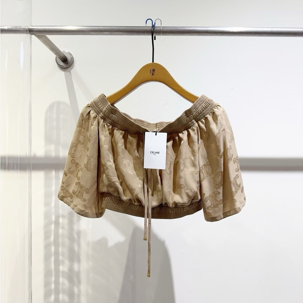 Authentic Celine Tan Patterned Off-Shoulder Top
